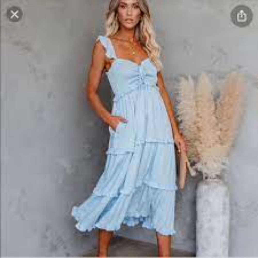 VICI Spontaneous Pocketed Smocked Tiered Midi Dress